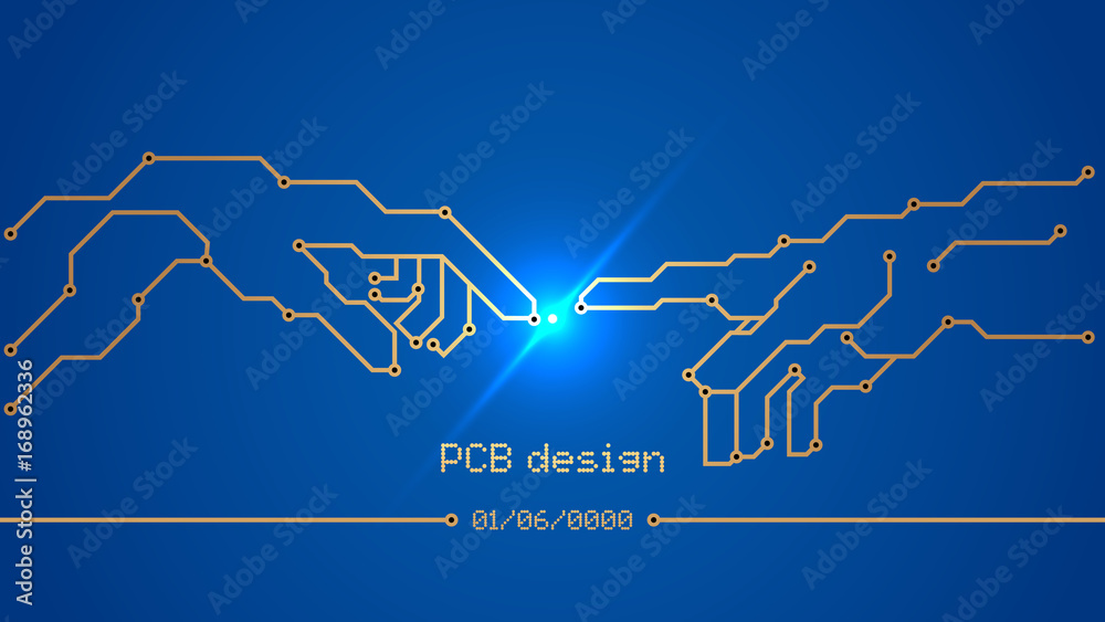 Design, development, and restoration of Printed Circuit Boards. Blue printed circuit Board - pcb, conductors and contact pads in the form of the painting "birth of Adam". electronics art, VECTOR - obrazy, fototapety, plakaty 