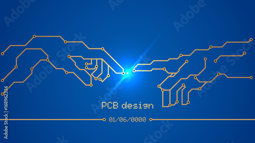 Design, development, and restoration of Printed Circuit Boards. Blue printed circuit Board - pcb, conductors and contact pads in the form of the painting "birth of Adam". electronics art, VECTOR