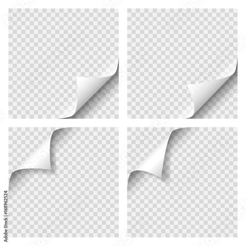 Set of Curly Page Corner. Blank sheet of paper with page curl with transparent shadow. Realistic vector illustration. Graphic element for documents, templates, posters, flyers and advertising