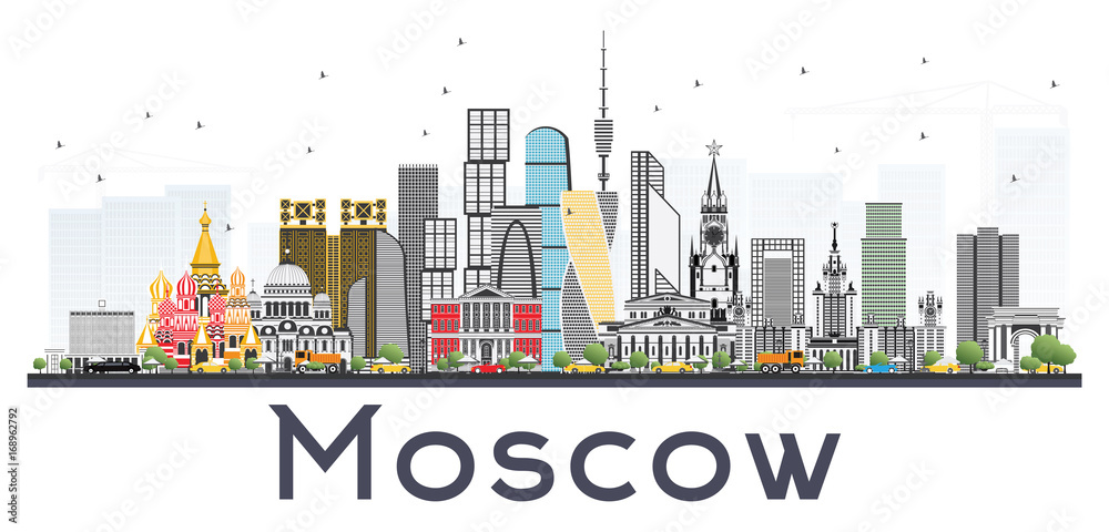 Moscow Russia Skyline with Gray Buildings Isolated on White Background.