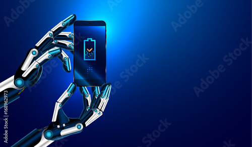 The robot advertise smart phone. Robot hands holding a smart phone and displays on its screen an icon of a charging battery. VECTOR