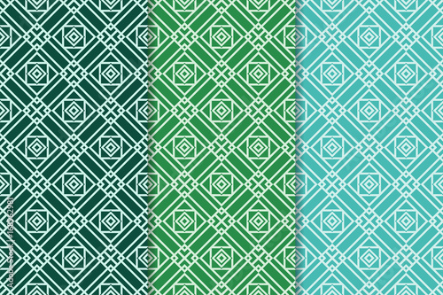 Geometric backgrounds. Set of green seamless patterns