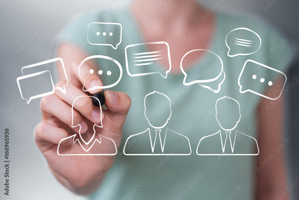 Businesswoman drawing discussion icons sketch Businesswoman drawing discussion icons sketch