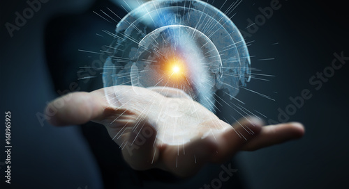 Flying earth network interface activated by businessman 3D rendering