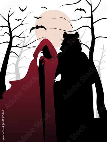 Little red riding hood and wolf in the woods. Fairytale Illustration