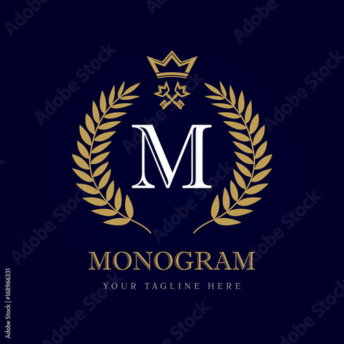 Luxury calligraphic letter M crown and key monogram logo. Laurel elegant beautiful round logo with crown and key. Vector letter emblem M for Royalty, Restaurant, Boutique, Hotel, Heraldic, Jewelry