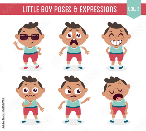 Character design set of a cute little black boy in different poses. Cartoon style illustration, isolated on white background. Body gestures and facial expressions. Vector illustration. Set 2 of 8.