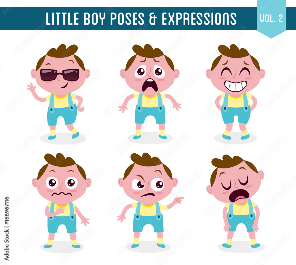 Character design set of a cute little white boy in different poses. Cartoon style illustration, isolated on white background. Body gestures and facial expressions. Vector illustration. Set 2 of 8.
