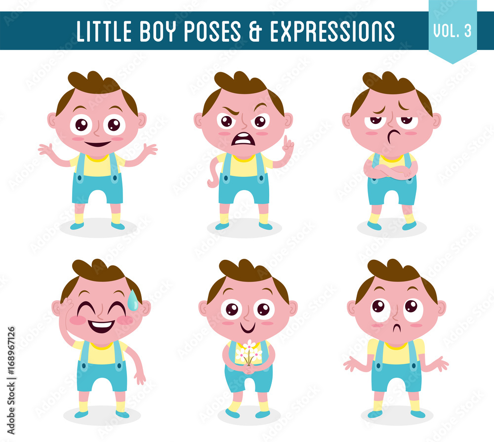 Character design set of a cute little white boy in different poses. Cartoon style illustration, isolated on white background. Body gestures and facial expressions. Vector illustration. Set 3 of 8. Character design set of a cute little white boy in different poses. Cartoon style illustration, isolated on white background. Body gestures and facial expressions. Vector illustration. Set 3 of 8.