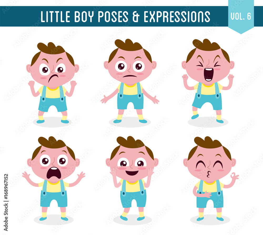 Character design set of a cute little white boy in different poses. Cartoon style illustration, isolated on white background. Body gestures and facial expressions. Vector illustration. Set 6 of 8. Character design set of a cute little white boy in different poses. Cartoon style illustration, isolated on white background. Body gestures and facial expressions. Vector illustration. Set 6 of 8.