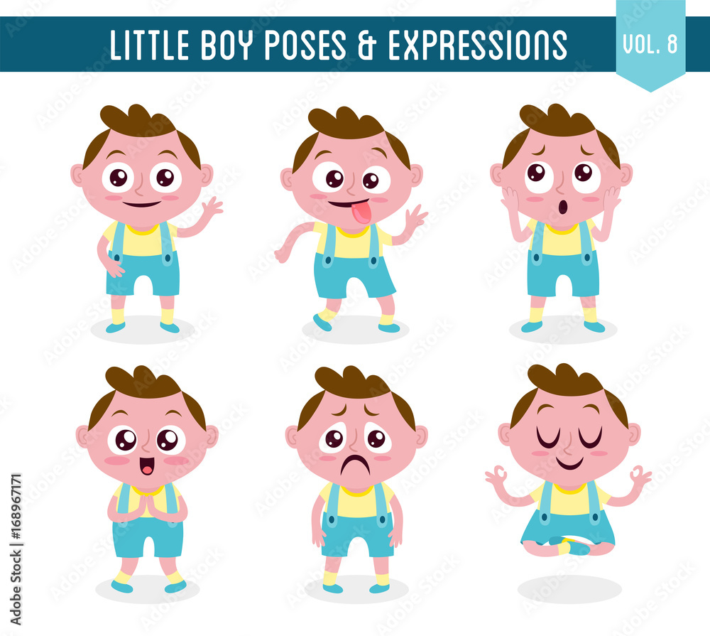 Character design set of a cute little white boy in different poses. Cartoon style illustration, isolated on white background. Body gestures and facial expressions. Vector illustration. Set 8 of 8.