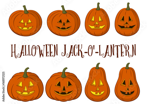 Holiday Halloween Symbols, Cartoons Pumpkins Jack O Lantern Set Isolated on White Background. Vector