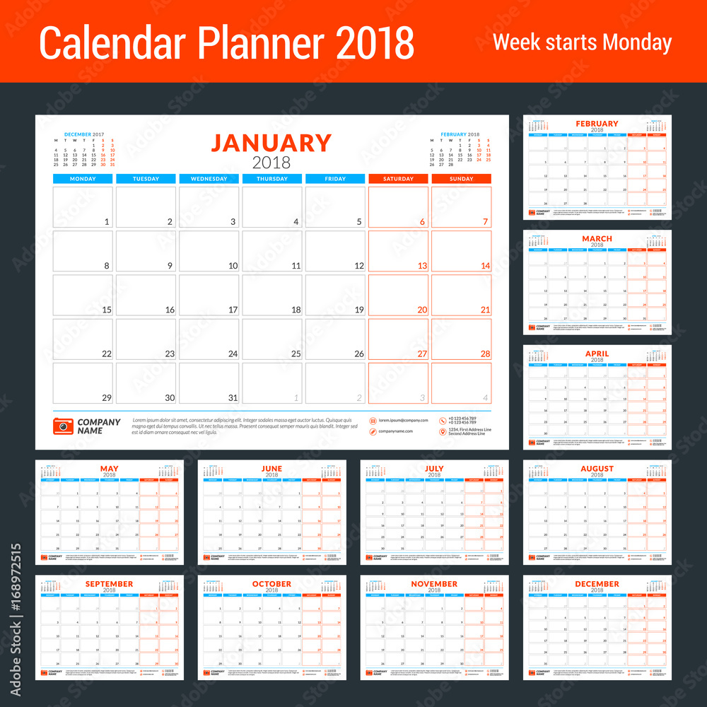 Calendar planner for 2018 year. Design print template. Week starts on Monday. Stationery design. Vector illustration. Set of 12 months