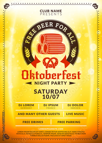 Oktoberfest beer festival celebration. Typography poster or flyer template for beer party. Vintage beer label on the golden beer background with light effects