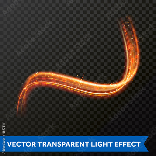 Light line gold swirl effect. Vector glitter light fire flare trace. Magic sparkle light swirl trail effect on transparent background. Bokeh light glitter wave line with sparkling particles