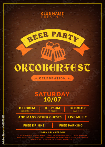 Oktoberfest beer festival celebration. Typography poster or flyer template for beer party. Vintage beer label on the brown wooden textured background