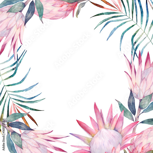 Summer colorful frame with palm leaves and flowers. Watercolor hand drawn ill...