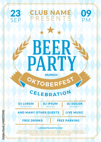 Beer festival Oktoberfest celebrations. Vintage beer label on the traditional Bavarian linen flag background. Typography poster or flyer template for beer party