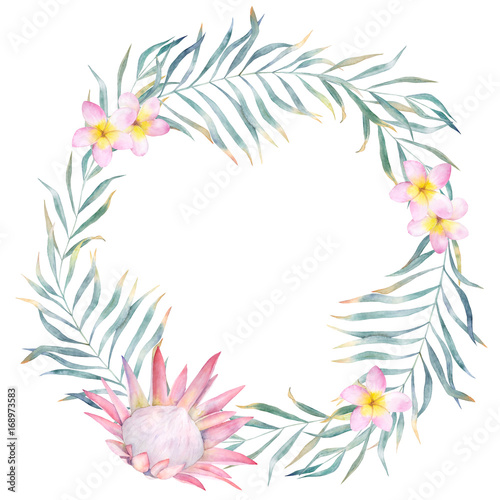 Summer colorful wreath with palm leaves and flowers. Watercolor hand drawn illustration