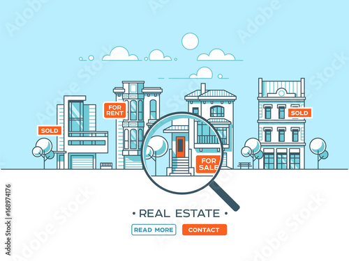 City landscape. Real estate and construction business concept with houses. Line style. Vector illustration.