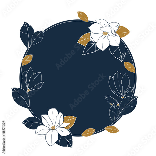 Vector round frame of magnolia flowers,buds and leaves in deep blue and bronze colors.