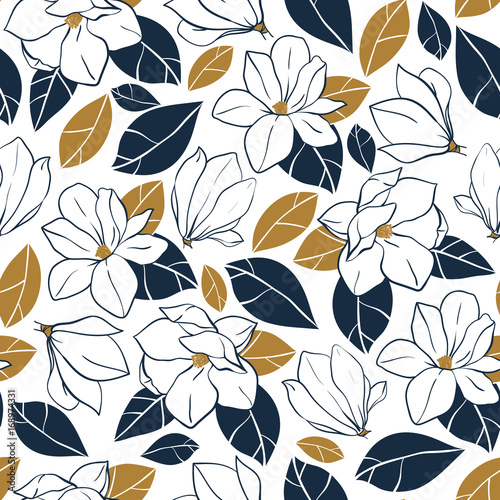 Vector trendy seamless pattern with botanical elements. Magnolia flowers,buds and leaves in deep blue and mustard colors.