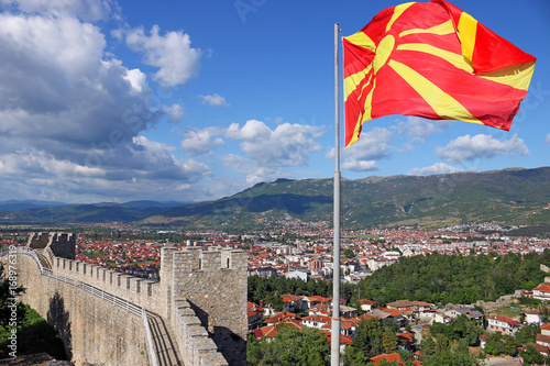 Принти на полотні The Macedonian flag on the Samuel fortress Ohrid Macedonia