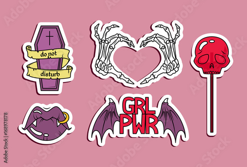 Vector set of fashion patches or stickers. Halloween theme: coffin, skeleton, lips with fangs and skull shaped lollipop.