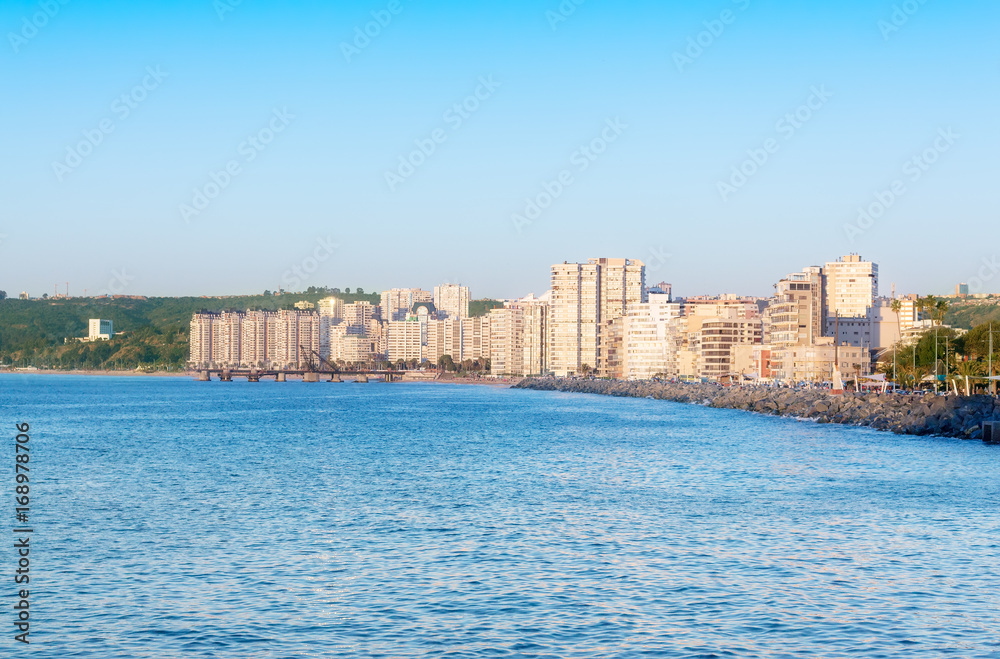 Pacific ocean with buildings of Vina del Mar, Chile
