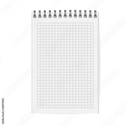 Blank copybook with metallic spiral. Template, mock up of organizer or diary isolated. Cell notebook