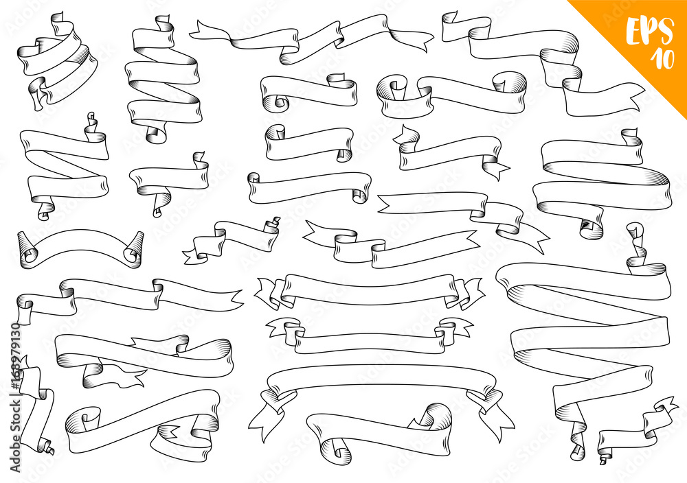 Hand drawn detailed vector scroll ribbons set in outline, contour drawing. Isolated vector illustration of retro short and long ribbons in vintage style, thin line