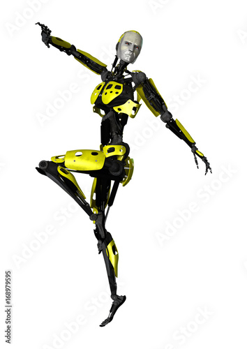 3D Rendering Male Robot Dancing on White