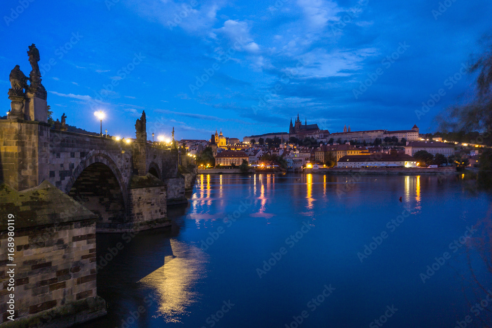 Fototapeta premium Old Town ancient architecture and river pier in Prague, Czech Republic
