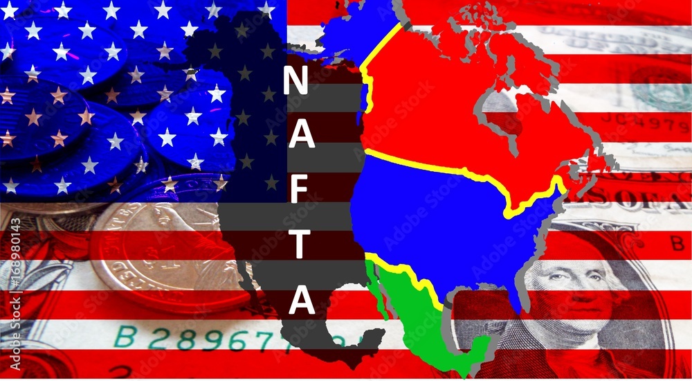 NAFTA - American trade agreement - 
A map of Mexico, the USA and Canada on the American flag.  Beside a shadow  as a symbol of the NAFTA. Dollar notes are shining through. Inscription: NAFTA
 - obrazy, fototapety, plakaty 