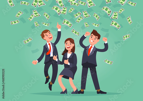 Vector illustration of happy business team celebrates success standing under money rain banknotes cash falling on blue background. Young man and woman hands raised high and catches bills
