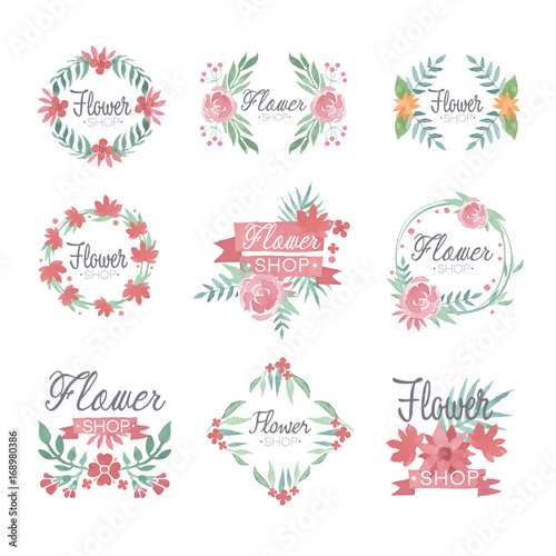 Set of flower shop logo design, colorful watercolor vector Illustrations