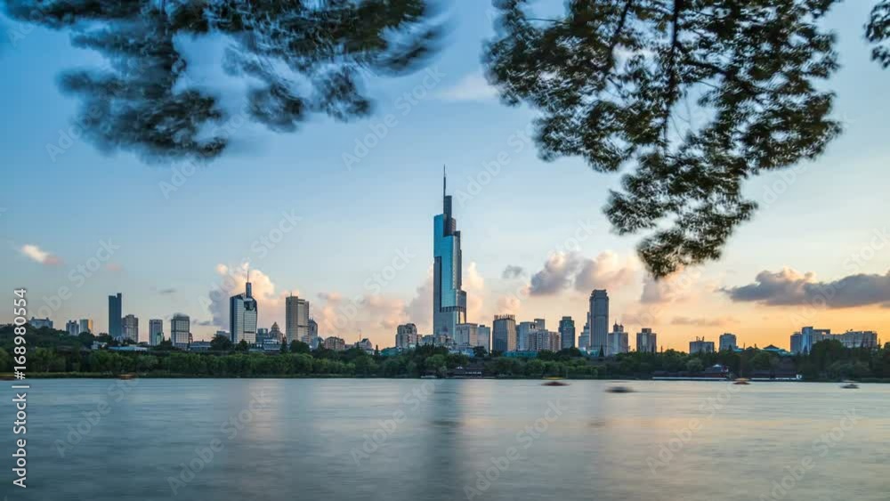Time lapse of xuanwu lake with nanjing city skyline,landmark,china Time lapse of xuanwu lake with nanjing city skyline,landmark,china