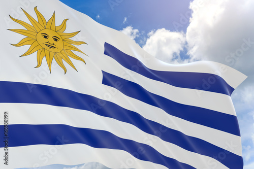 3D rendering of Uruguay flag waving on blue sky background