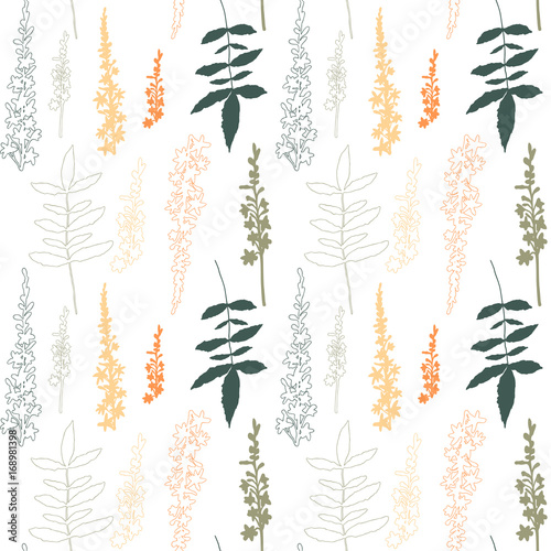 Floral vector seamless pattern with hand drawn wild meadow flowers and leaves.
