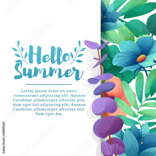 Template design banner with Hello summer logo. Card for summertime season with white frame on flower background. Invitation layout with plants, leaves and flowers decoration.