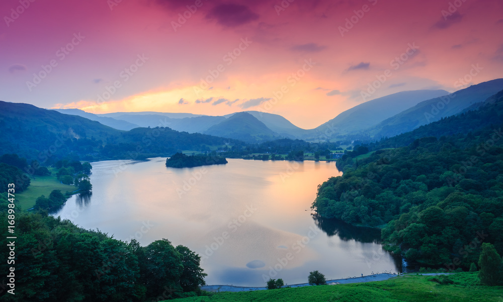Fiery sky above Grasmere, The Lake District, Cumbria, England