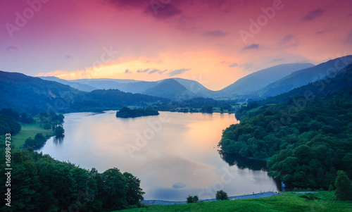 Fiery sky above Grasmere  The Lake District  Cumbria  England