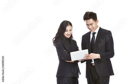 asian business man and woman working together, isolated on white background. 