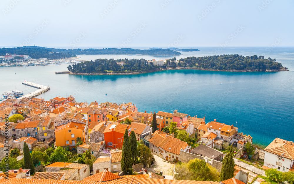 View of the harbor and the surrounding sea from the tower of the cathedral in Rovinj town, Croatia, Europe
