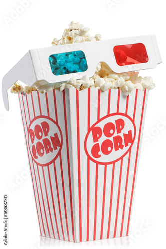 3D glasses on top of a popcorn box