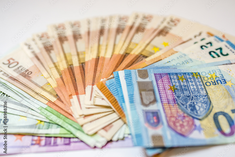 Euro cash. Many Euro banknotes of different values. Euro cash background.