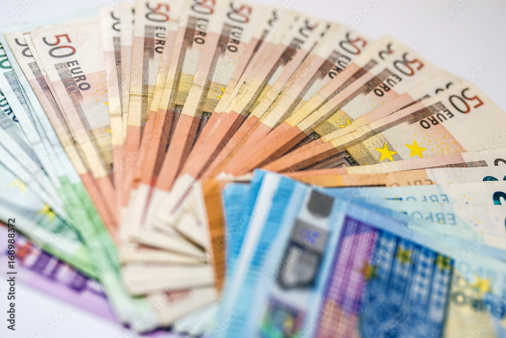 Euro cash. Many Euro banknotes of different values. Euro cash background.