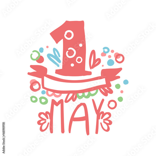 First May, International labor day logo template original design. Spring holidays hand drawn vector Illustration on pink colors