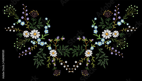 Embroidery trend floral pattern small branches herb daisy with little blue violet flower. Ornate reflection folk fashion patch design neckline blossom on black background vector illustration