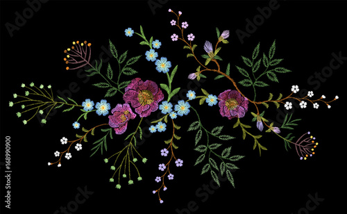 Embroidery trend floral pattern small branches herb rose with little blue violet flower. Ornate traditional folk fashion patch design neckline blossom on black background vector illustration